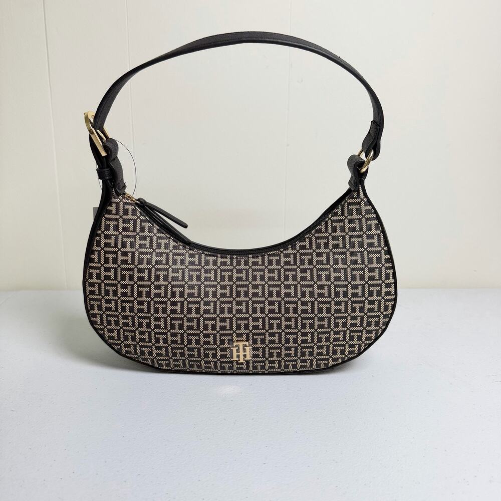 Tommy Hilfiger Monogram Jacquard Hobo Shoulder Bag Black Beige Gold Tone